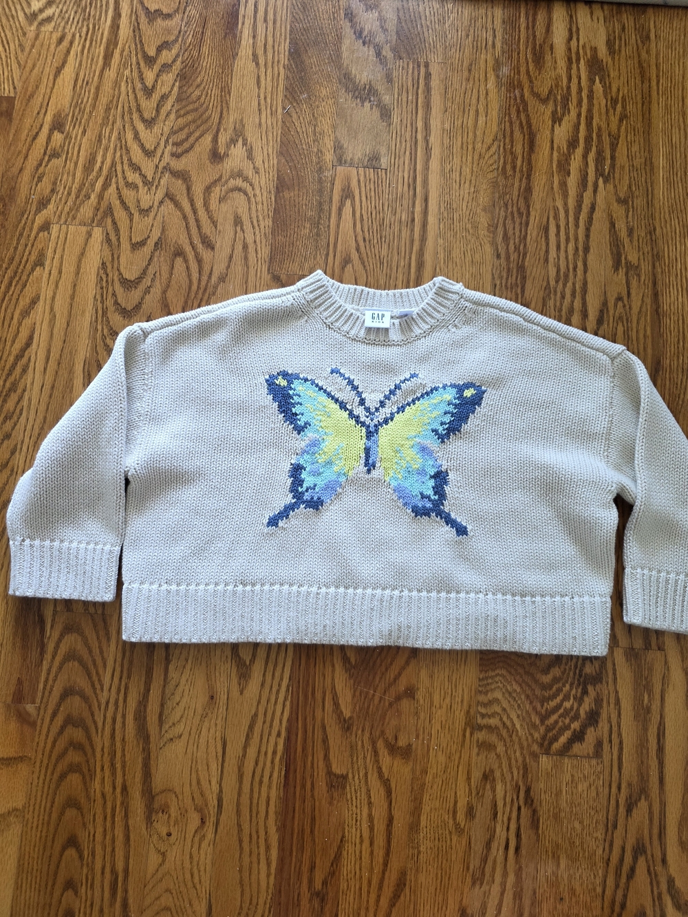GAP Cream Sweater with Blue and Yellow Butterfly Motif